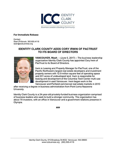 Identity Clark County Adds Cory Irwin of PacTrust to its Board of Directors