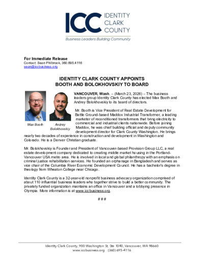 Click for document: Identity Clark County Appoints Booth And Bolokhovskiy to Board Identity Clark County Appoints Booth And Bolokhovskiy to Board