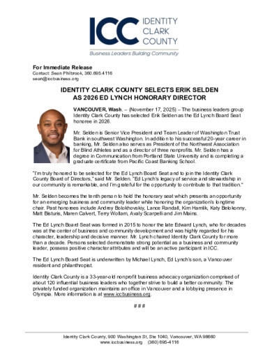 Identity Clark County Selects Erik Selden as 2026 Ed Lynch Honorary Director