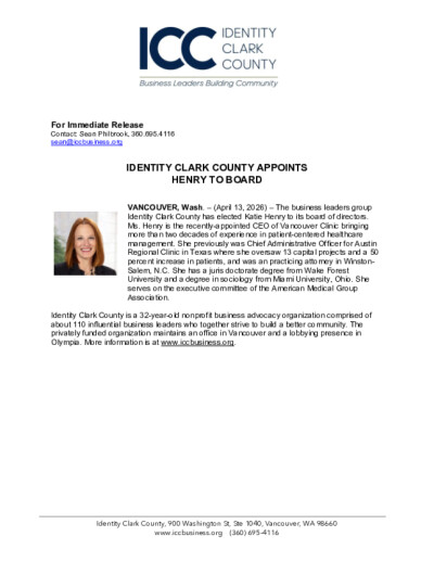 Click for document: Identity Clark County Appoints Henry to Board Identity Clark County Appoints Henry to Board
