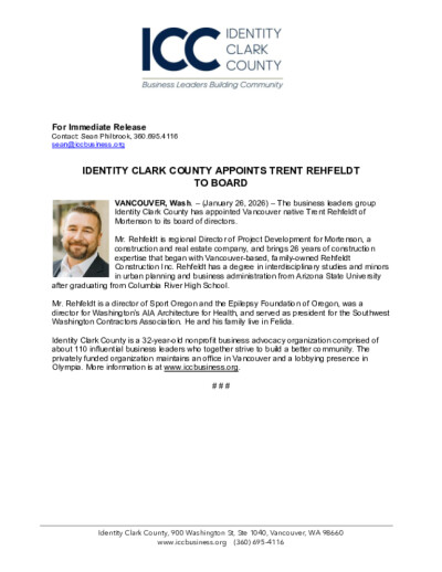 Identity Clark County Appoints Trent Rehfeldt to Board