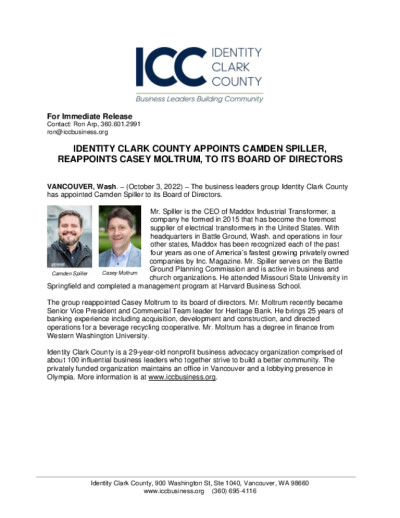 Identity Clark County Appoints Camden Spiller, Reappoints Casey Moltrum, to its Board of Directors