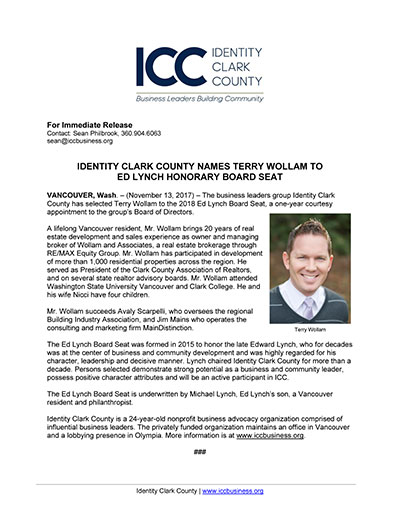 Identity Clark County Names Terry Wollam to Ed Lynch Honorary Board Seat