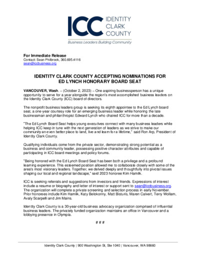 Identity Clark County Accepting Nominations for Ed Lynch Honorary Board Seat