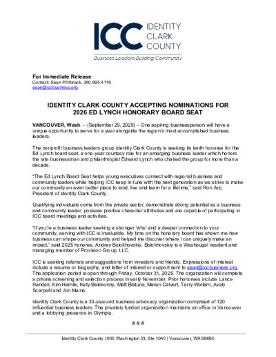 Identity Clark County Accepting Nominations for 2026 Ed Lynch Honorary Board Seat