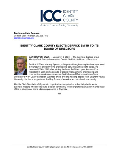 Identity Clark County Elects Derrick Smith to its Board of Directors